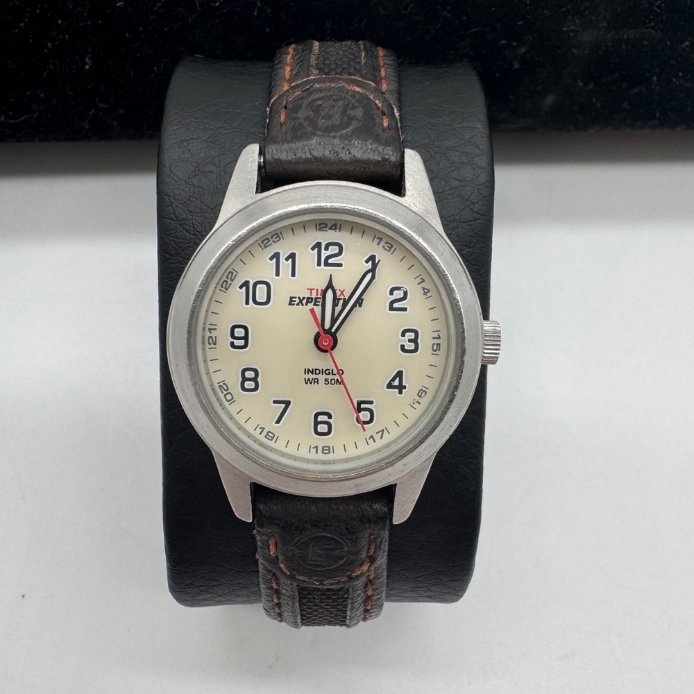 Timex Expedition Indiglo Womens Watch Cream Dial Brown Leather Strap 50M WR 48 T